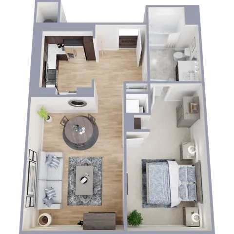 Modern apartment floor plan with one bedroom, open-concept living and dining area, sleek kitchen, and elegant bathroom. Perfect for comfortable urban living.