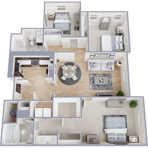 Bright 3D floor plan featuring 3 spacious bedrooms, a cozy living room with stylish decor, a modern kitchen with dining area, and 2 sleek bathrooms.