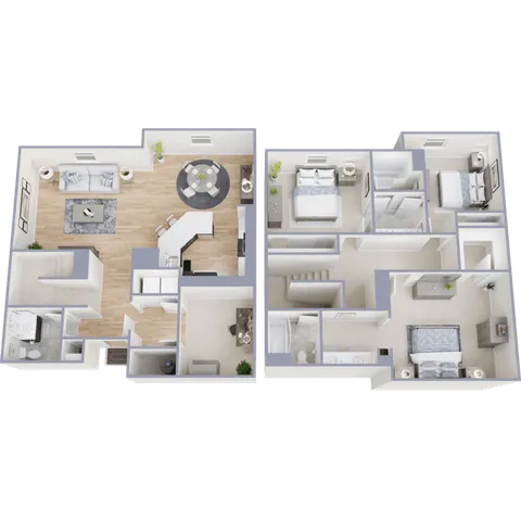 Elegant 3D floor plan with three bedrooms, a modern kitchen, and inviting living area for spacious living.