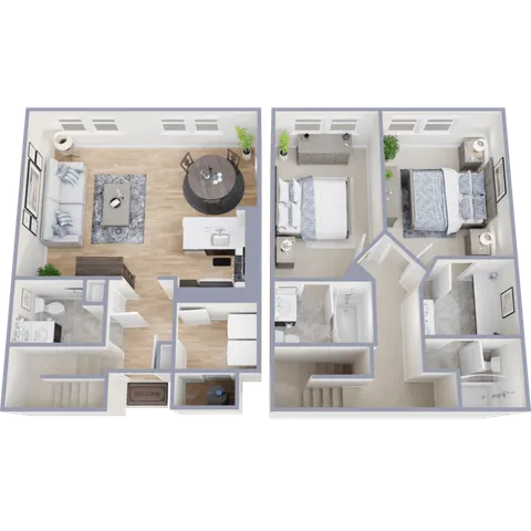 Modern 3D floor plan showcasing an elegant two-story apartment with 2 bedrooms, a cozy living room, and an open dining-kitchen area.