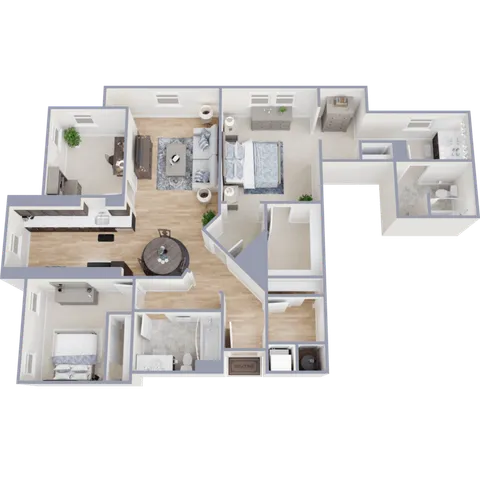 Beautifully designed 3D floor plan showcasing 3 bedrooms, an open living area, modern kitchen, and two bathrooms.