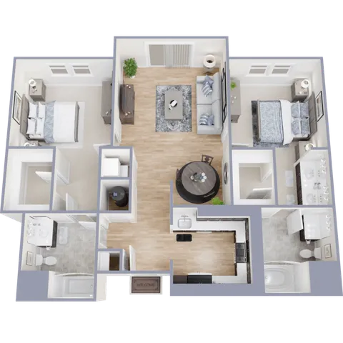 Modern 3D floor plan showcasing two spacious bedrooms, cozy living area, sleek kitchen, and elegant bathrooms.