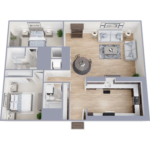 Modern 3D floor plan showcasing 2 bedrooms, cozy living room, dining area, and sleek kitchen with ample storage.