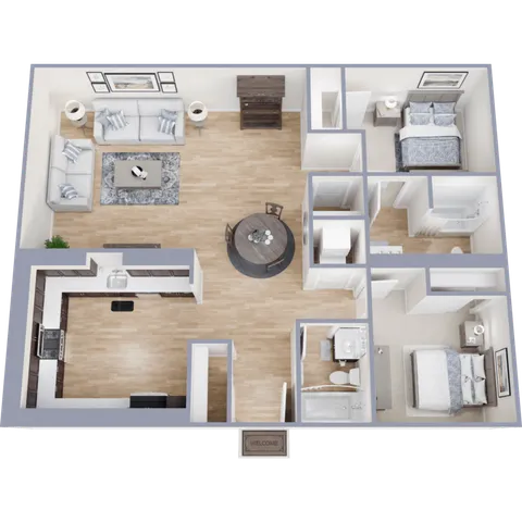 Modern 3D floor plan showcasing a spacious 2-bedroom apartment with an open living area, sleek kitchen, and elegant dining space.