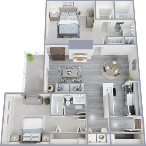 Modern 3D floor plan showcasing two spacious bedrooms, an elegant open living area, a dining space, and a stylish kitchen, complete with a cozy balcony.