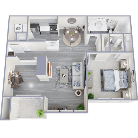 Modern apartment floor plan featuring a spacious bedroom, chic living room with contemporary decor, open kitchen with sleek appliances, and elegant dining area.