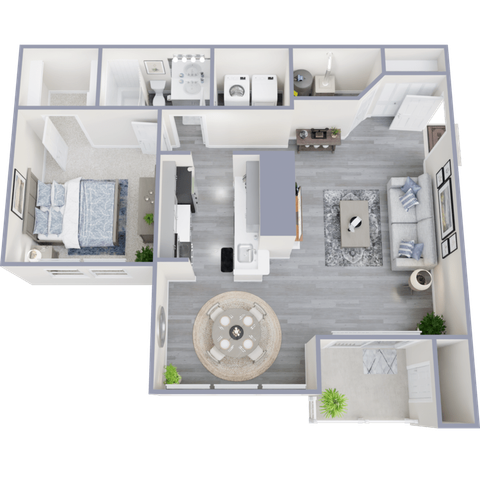 Modern 3D floor plan showcasing one-bedroom apartment with a cozy living room, elegant dining area, stylish kitchen, and convenient laundry space.