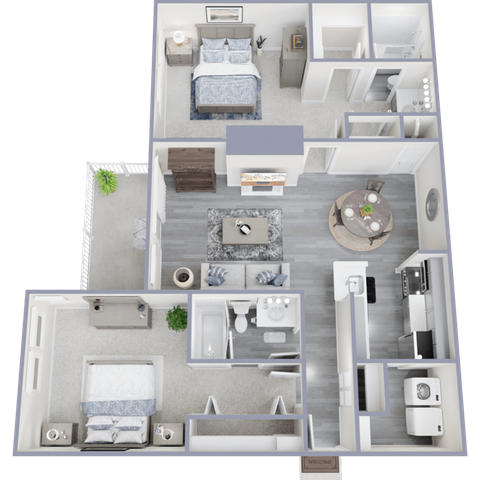Elegant 3D floor plan of a modern apartment featuring 2 bedrooms, a cozy living area, stylish kitchen, and balcony space.