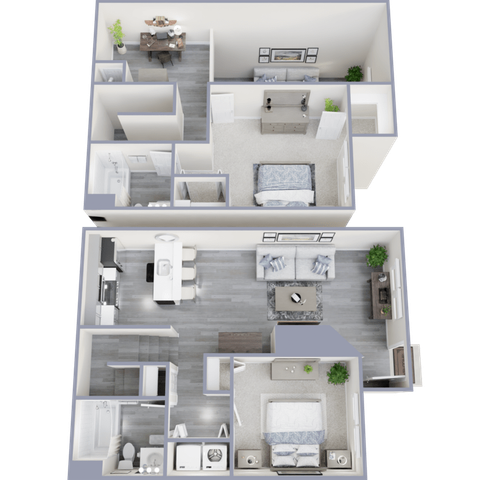 Modern 3D floor plan showcasing an elegant apartment with two bedrooms, open-concept living and dining area, stylish kitchen, and a convenient bathroom layout.
