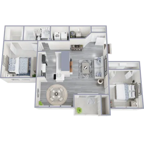 Elegant 3D floor plan showcasing a modern apartment with two bedrooms, a cozy living room, and an open kitchen with dining space.