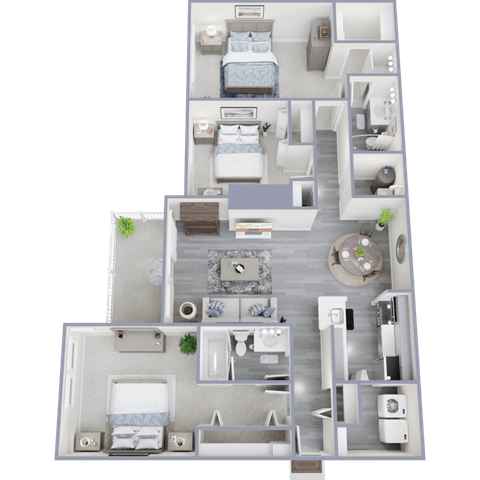 Modern 3D floor plan showcasing 3 cozy bedrooms, a sleek open-concept living room, and a stylish kitchen, perfect for comfortable living.