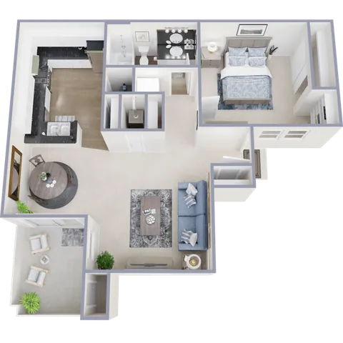 Charming floor plan showcasing a spacious 1-bedroom apartment with a cozy living room, modern kitchen, and a relaxing sunroom.