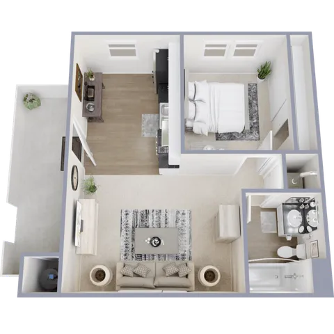 Modern 3D floor plan showcasing a cozy one-bedroom apartment with a stylish living room, elegant bathroom, and inviting balcony.