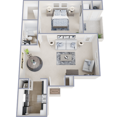 Modern 3D floor plan featuring an inviting living room, cozy bedroom, stylish kitchen, and well-appointed bathroom.