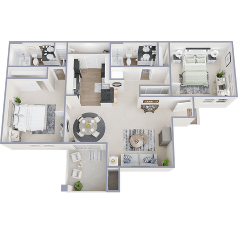 Elegant 3D floor plan showcasing 2 bedrooms, 2 bathrooms, a modern kitchen, and a spacious living area with stylish furnishings.