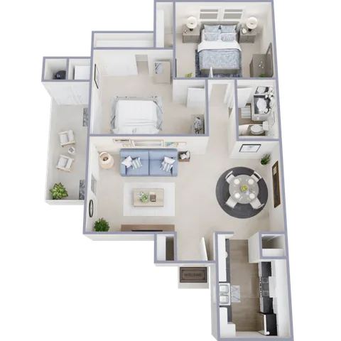 Elegant 3D floor plan featuring 2 cozy bedrooms, stylish living room, chic dining area, and modern kitchen with a charming balcony.