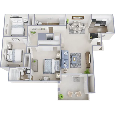Elegant 3D floor plan showcasing 3 bedrooms, a cozy living room, modern kitchen, and chic dining area, perfect for luxurious living.