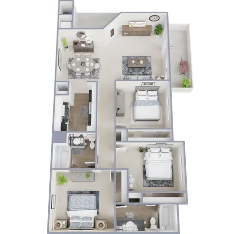 Inviting 3D floor plan showcasing 3 bedrooms, an elegant dining area, and a cozy living room, perfect for family living.