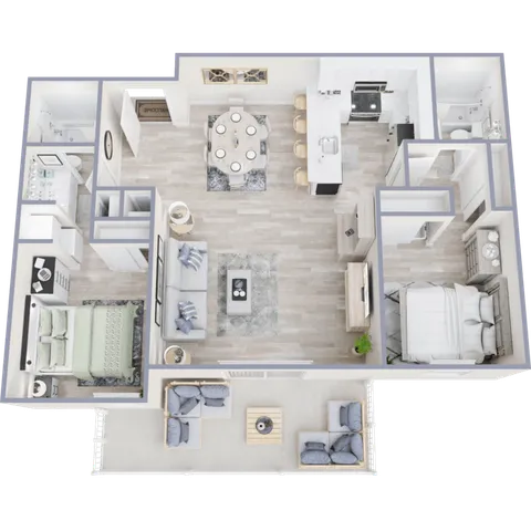 Modern 3D floor plan featuring two bedrooms, an open-concept living area, and a sleek kitchen, complete with stylish indoor and outdoor seating.