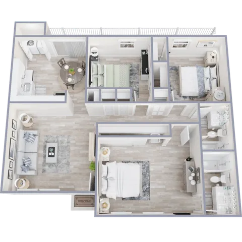 Inviting 3D floor plan showcasing 3 bedrooms, a cozy living area, modern kitchen, and dual bathrooms, perfect for comfortable living.