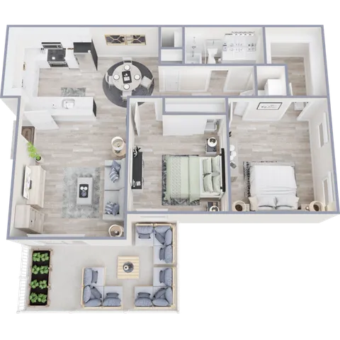 Modern 3D floor plan showcasing 2 bedrooms, a stylish open-concept living space, a sleek kitchen, and a cozy outdoor patio area.