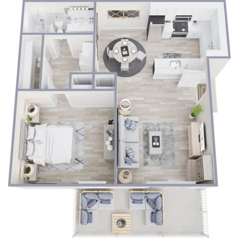 Modern open-concept floor plan with a cozy living room, contemporary kitchen, spacious bedroom, and stylish balcony seating area.