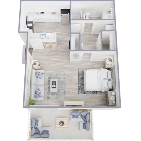 Chic apartment floor plan showcasing a spacious layout with one bedroom, modern kitchen, cozy living area, and inviting outdoor patio.