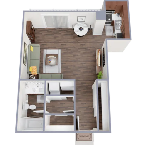 Modern 1-bedroom apartment floor plan featuring an open-concept living and dining area, cozy kitchen, and spacious bathroom with sleek wood flooring.