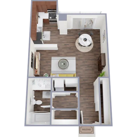 Modern 1-bedroom apartment floor plan with open-concept kitchen and living area, stylish bathroom, and inviting dining space.