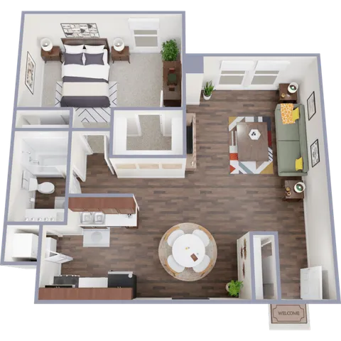 Charming 3D floor plan featuring a cozy bedroom, modern kitchen, inviting dining area, and spacious living room, ideal for comfortable living.