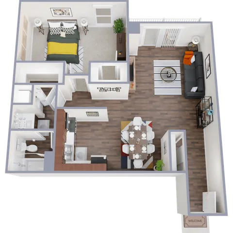 Modern 3D floor plan showcasing a spacious one-bedroom apartment with open-concept living room and dining area, stylish kitchen, and elegant bathroom.