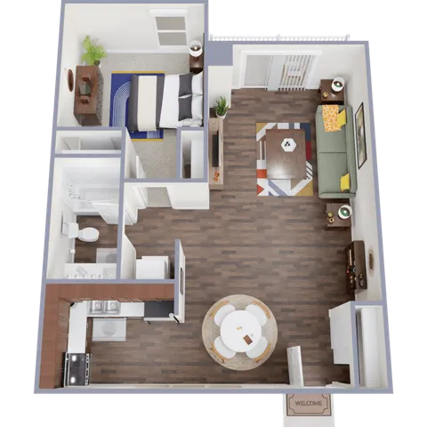 Modern open-concept floor plan featuring a cozy living room, stylish kitchen, spacious bedroom, and elegant bathroom layout.