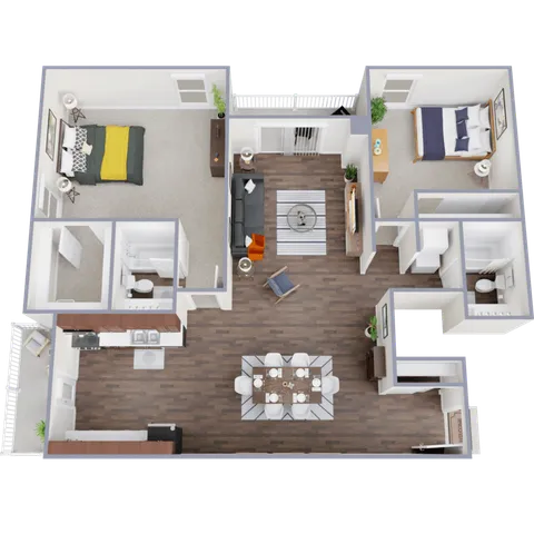 Modern 3D floor plan with 2 spacious bedrooms, open-concept living and dining area, sleek kitchen, and elegant decor.