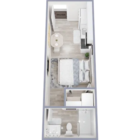 Modern studio apartment floor plan.
