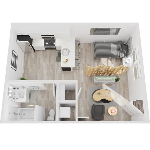 Modern studio apartment floor plan showcasing an open kitchen with breakfast bar, cozy living area, and a compact bathroom, all enhanced by stylish wood flooring and bright natural light.