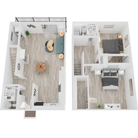 Chic 3D floor plan featuring a spacious two-level layout with 2 cozy bedrooms, modern living area, and sleek kitchen, enhanced with elegant furnishings and stylish decor.