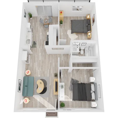 Modern 2D floor plan showcasing an open living area with cozy seating, a sleek kitchen, dining nook, 2 stylish bedrooms, and a contemporary bathroom.