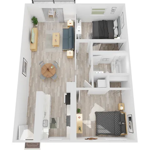 Modern 3D floor plan featuring 2 bedrooms, a stylish open-concept living and dining area, and a sleek kitchen, complemented by chic furnishings and natural lighting.