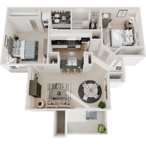 Modern 3D apartment floor plan featuring 2 bedrooms, a stylish open kitchen with seating, spacious living room, dining area, and 2 bathrooms.