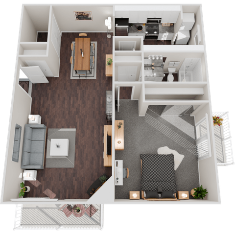 Contemporary 3D floor plan showcasing an open-concept living and dining area, a modern kitchen, cozy bedroom, stylish living room, and inviting balcony, offering a blend of comfort and functionality.