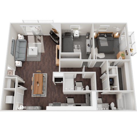 Modern 3D floor plan showcasing two cozy bedrooms, a stylish open living and dining area, a well-equipped kitchen, and chic wood flooring.