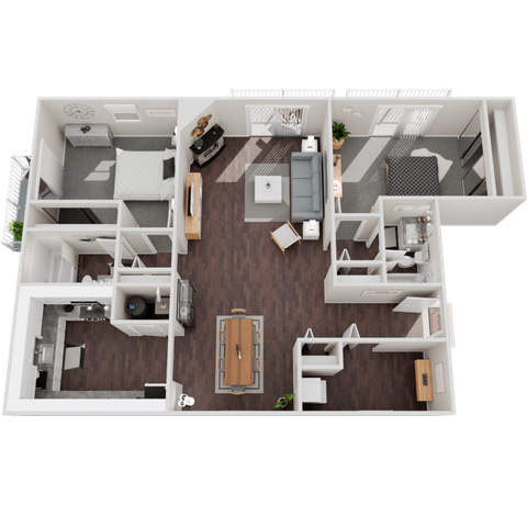 3D floor plan showcasing a spacious two-bedroom apartment with an open living room, modern kitchen, and two bathrooms, featuring elegant hardwood flooring and ample natural light.