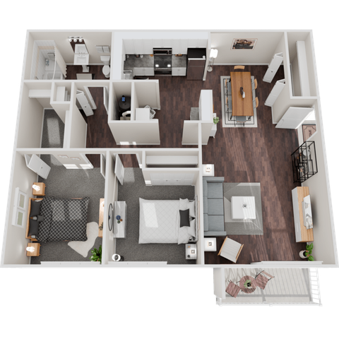 Modern 3D floor plan showcasing two cozy bedrooms, a sleek kitchen, and an inviting living area, featuring elegant wood flooring and natural light-filled spaces.