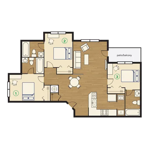 River Club Apartments 3x3 Floor Plan