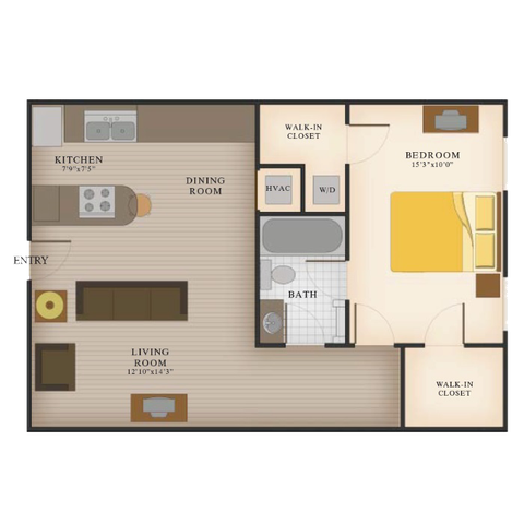 Logan Square - A4 1 Bedroom 1 Bathroom Floor Plan Image