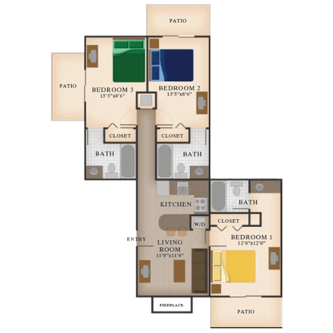 Logan Square - C1 3 Bedroom 3 Bathroom Floor Plan Image