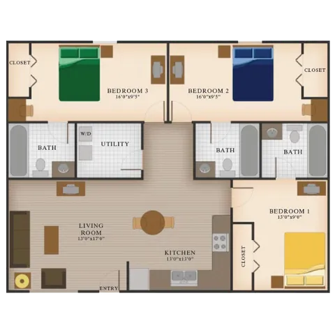 Logan Square - C2 3 Bedroom 3 Bathroom Floor Plan Image