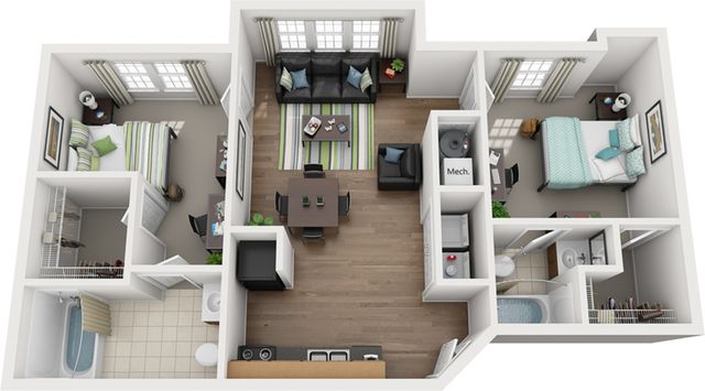 Modern 3D floor plan showcasing an inviting two-bedroom apartment with open living and dining area, stylish kitchen, and two elegant bathrooms.