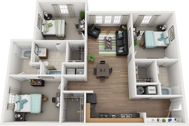 Inviting 3D floor plan with three bedrooms, stylish living room, modern kitchen, and two elegant bathrooms, perfect for urban living.