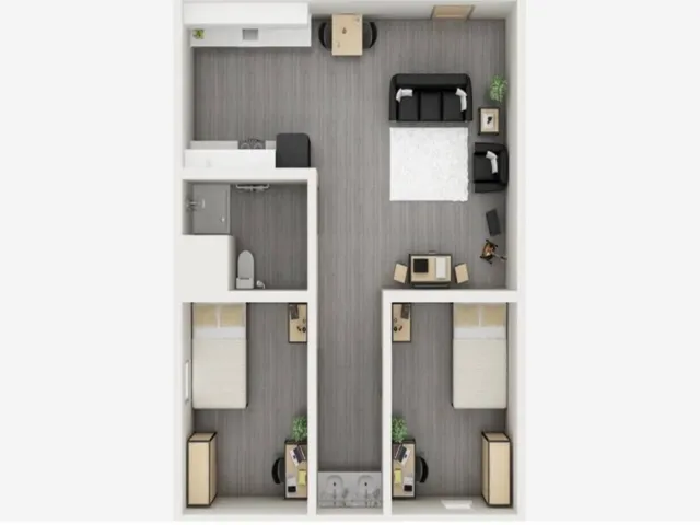 Modern floor plan with 2 cozy bedrooms, inviting living room, and efficient kitchen layout.